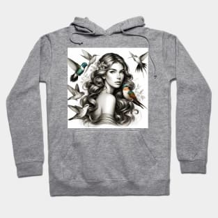 Beautiful girl curly hair surrounded by flowers and birds Hoodie